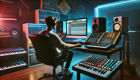 A music producer sits in front of a computer in a modern music studio. He is surrounded by various synthesizers, mixing consoles, and studio monitors
