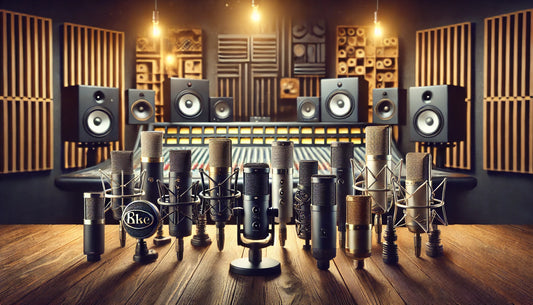 Various studio microphones displayed on a table in a professional recording studio, including condenser, dynamic, and ribbon types