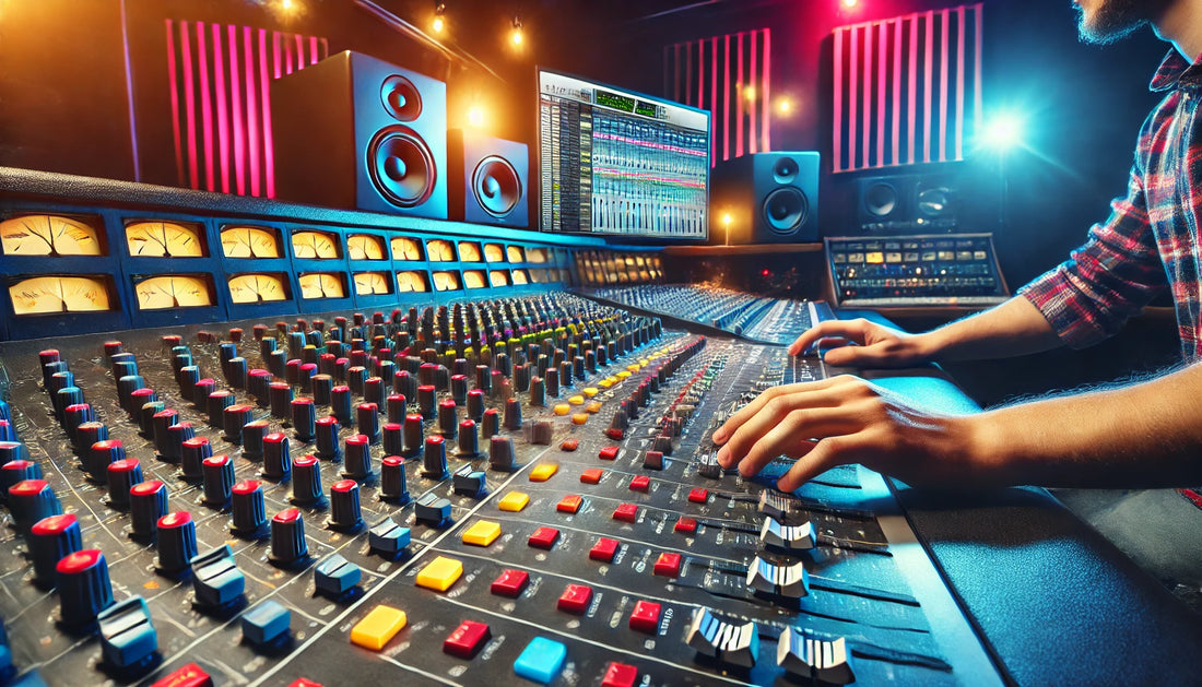 A detailed image of a mixing console in a professional recording studio, with a focus on the mixing engineer's hands adjusting faders and knobs