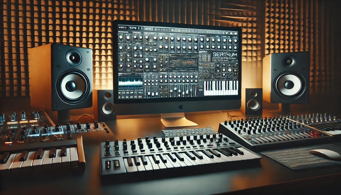 A detailed music production workspace focused on the Serum synthesizer plugin open on a computer screen. The setup includes a MIDI keyboard, studio monitors, and other music production gear