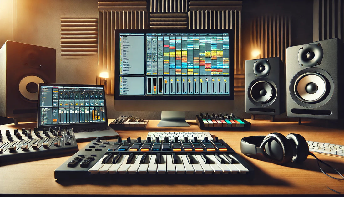 A modern music production workspace focused on Ableton Live software open on a computer screen, showcasing various audio effects in use. The setup includes a MIDI controller, audio interface, studio monitors, and headphones