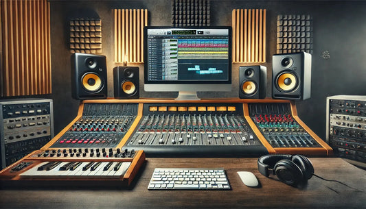A professional music studio setup with a focus on mixing, featuring a mixing console, studio monitors, and a computer screen displaying a digital audio workstation (DAW) with multiple tracks being mixed