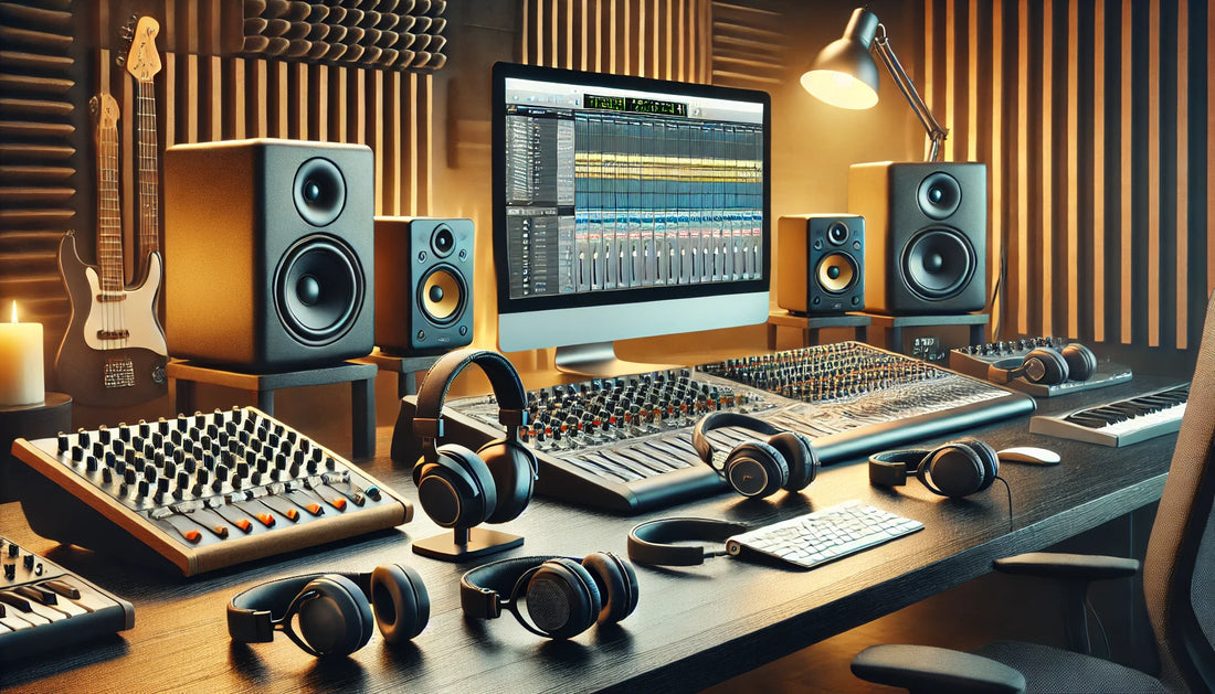 A modern music production workspace highlighting various studio headphones displayed on a table, showcasing different designs and brands