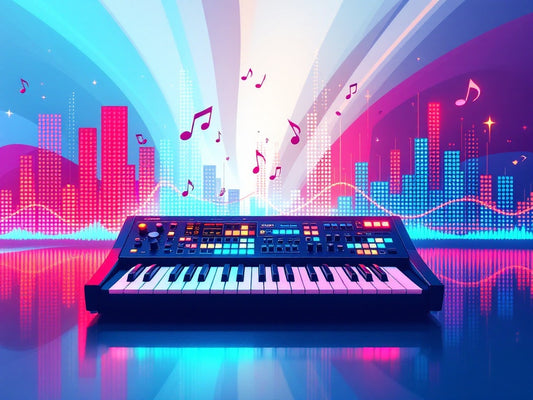 Digital synthesizer with abstract musical notes and waveforms, representing music production and sound design. Modern and tech-savvy theme appealing to electronic music producers and enthusiasts