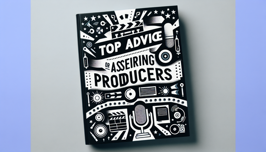 An image showing a book cover titled 'Top Advice for Aspiring Producers.' The cover design includes eye-catching typography and various symbols associated with film and music production, such as microphones, cameras, and clapperboards.