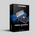 Minimal Sequences vol I cover art displaying a collection of 50 analog synth loops for music production, set against a background of high-quality analog hardware, symbolizing professional audio quality and appeal for techno, house, and electronic music producers